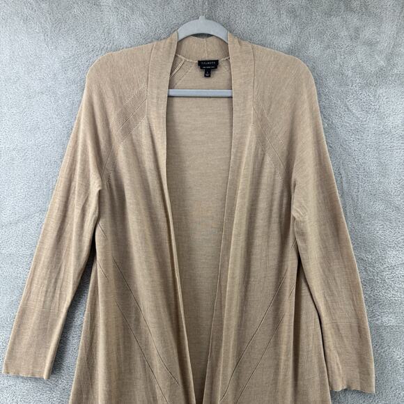 Talbots Sweater Womens L Camel Merino Wool Knit Long Open Front Cardigan V-Neck - Picture 3 of 13